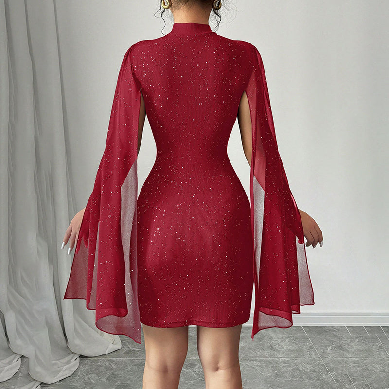 Women’s Sparkly Bodycon Mini Dress – Mock Neck Cloak Sleeve Cocktail & Party Dress - Glowify