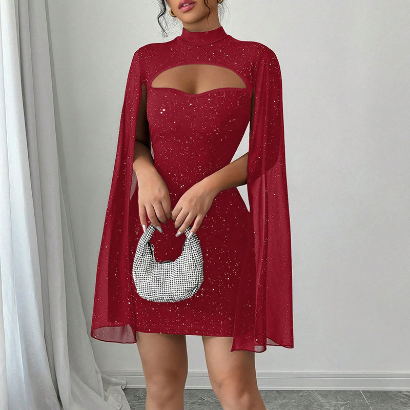 Women’s Sparkly Bodycon Mini Dress – Mock Neck Cloak Sleeve Cocktail & Party Dress - Glowify