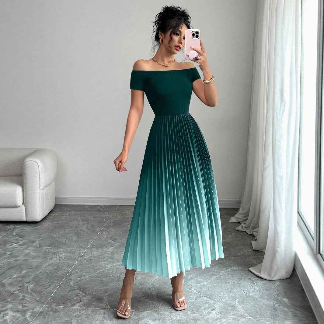 Elegant Off-Shoulder Pleated Gradient Bodycon Dress – Floor-Length Wrap-Style Maxi Dress for Women - Glowify