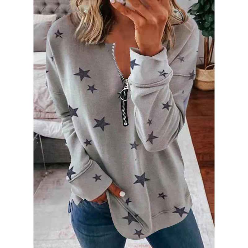 Women’s Star Print Loose Pullover Sweatshirt – Long Sleeve Urban Casual Top - Glowify