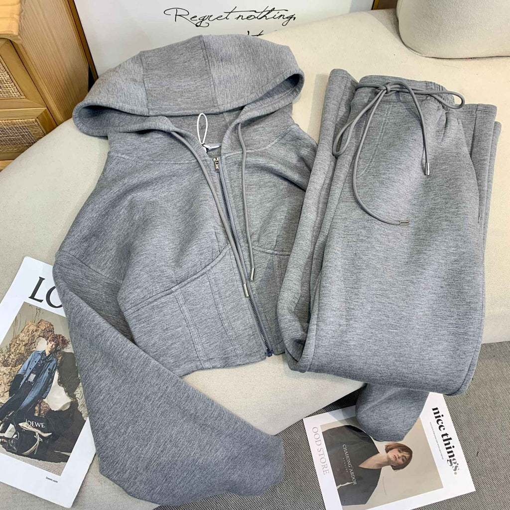 Elite Comfort Grey Cotton Two-Piece Sportswear Set – Casual Jacket & Pants Outfit - Glowify