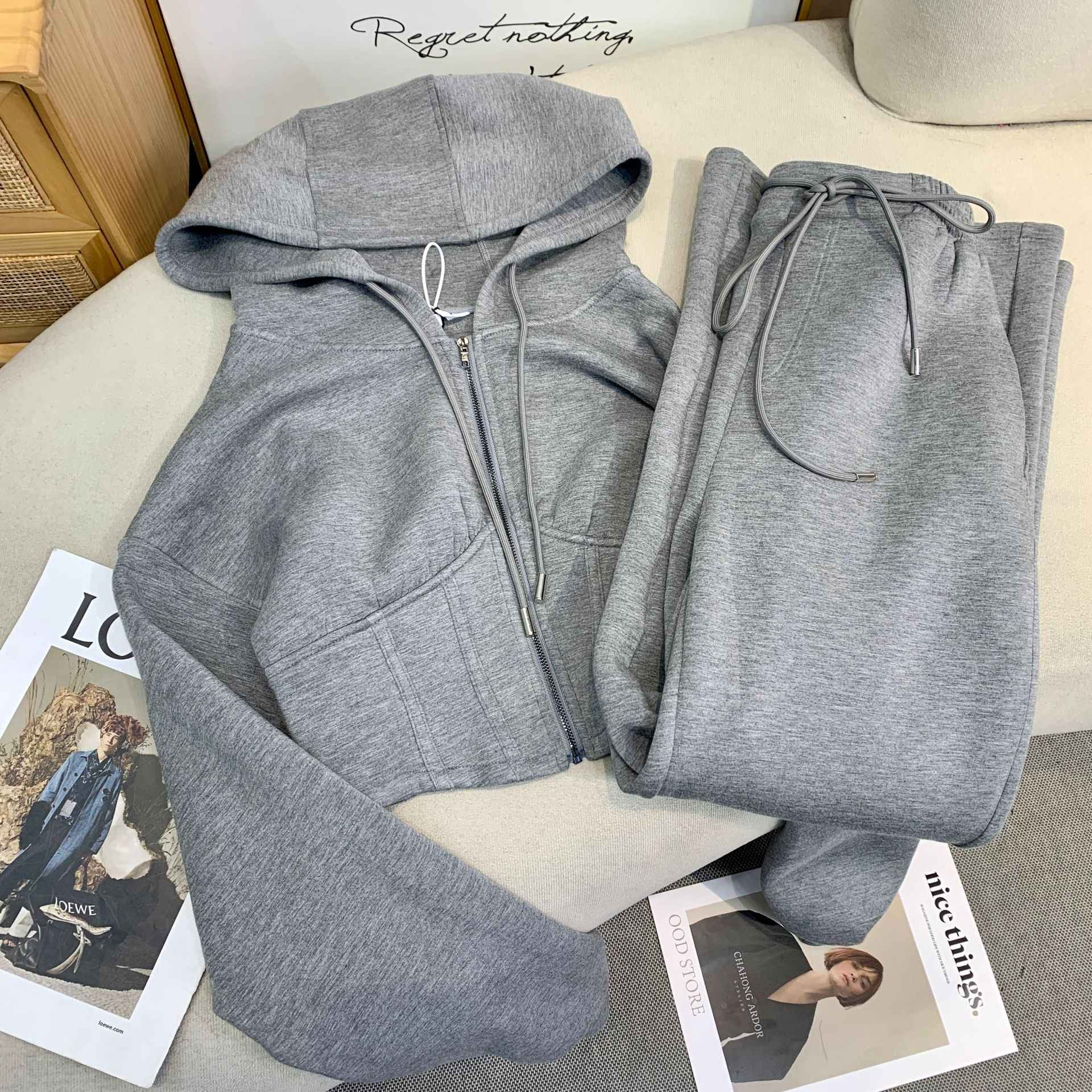 Elite Comfort Grey Cotton Two-Piece Sportswear Set – Casual Jacket & Pants Outfit - Glowify