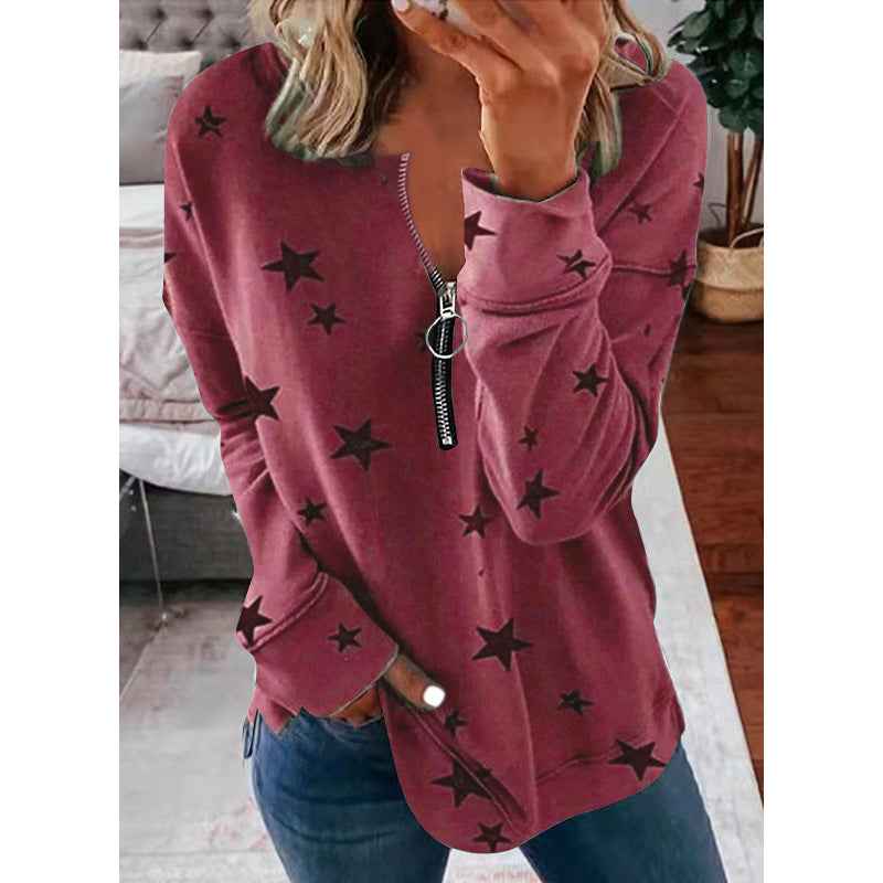 Women’s Star Print Loose Pullover Sweatshirt – Long Sleeve Urban Casual Top - Glowify