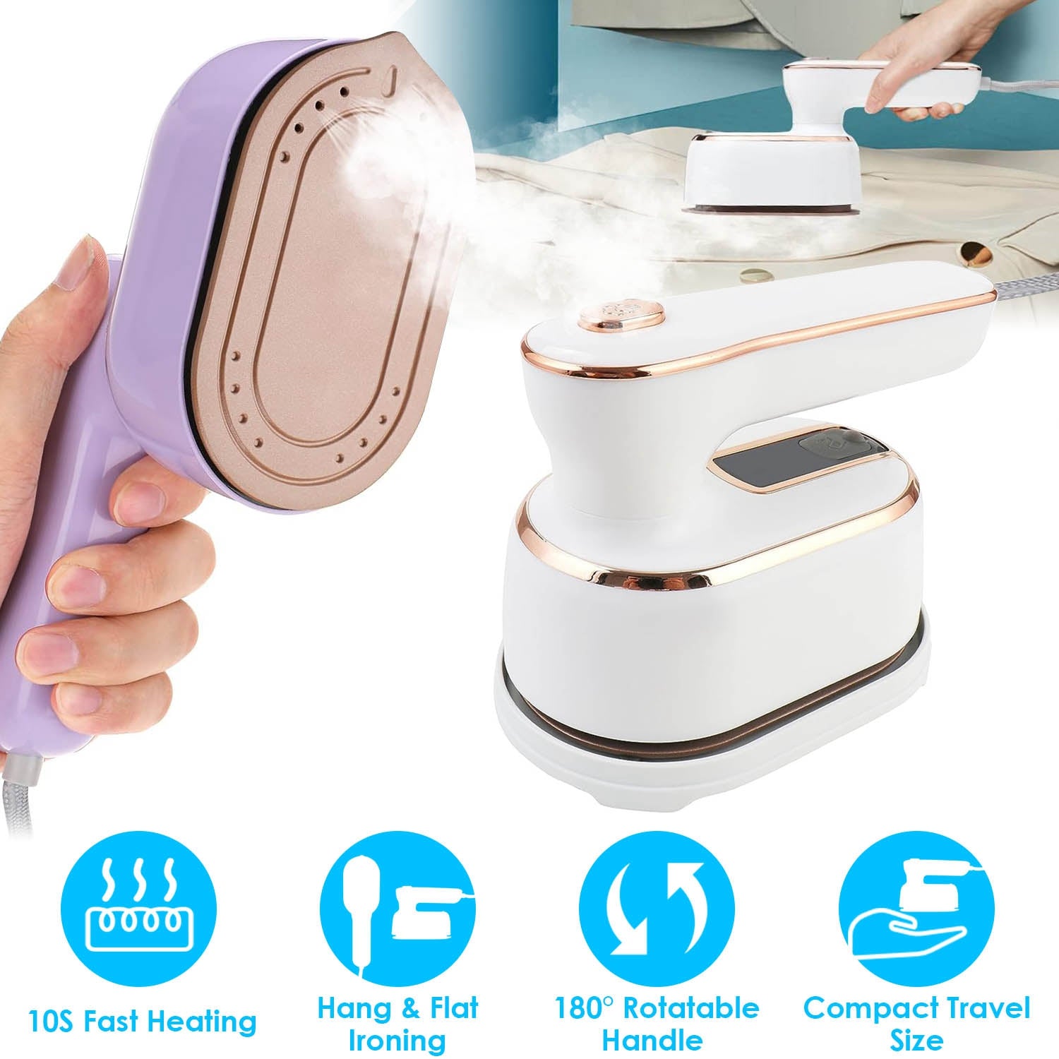 1000W Portable Handheld Garment Steamer – 10s Fast Heat, 180° Rotatable Handle - Glowify