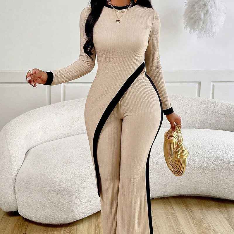 Women’s Sexy 2-Piece Outfit – Asymmetrical Long Sleeve Top & Wide Leg Pants Set - Glowify