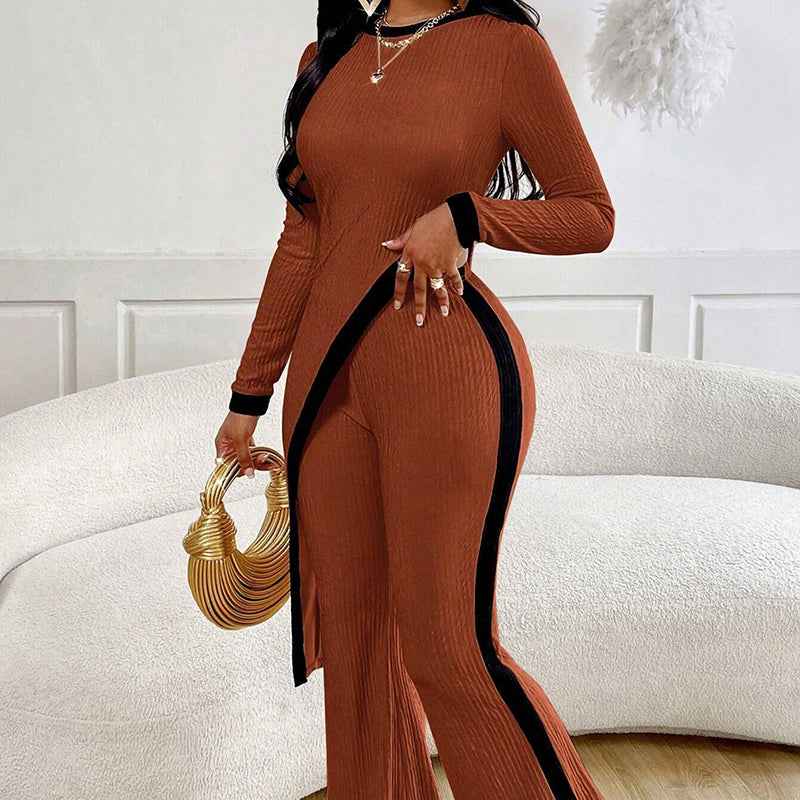 Women’s Sexy 2-Piece Outfit – Asymmetrical Long Sleeve Top & Wide Leg Pants Set - Glowify