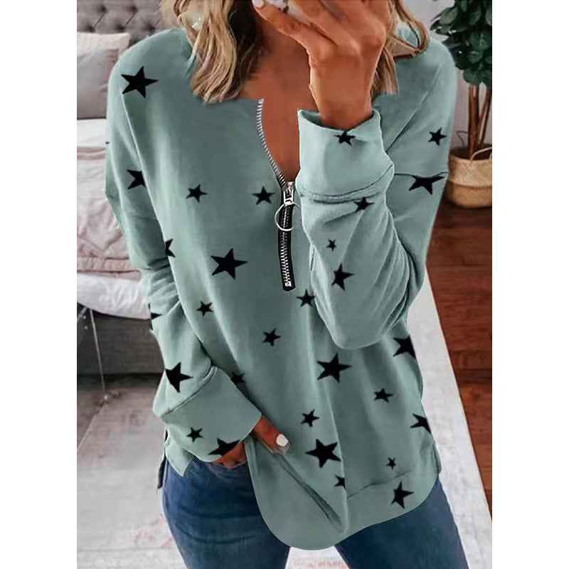 Women’s Star Print Loose Pullover Sweatshirt – Long Sleeve Urban Casual Top - Glowify