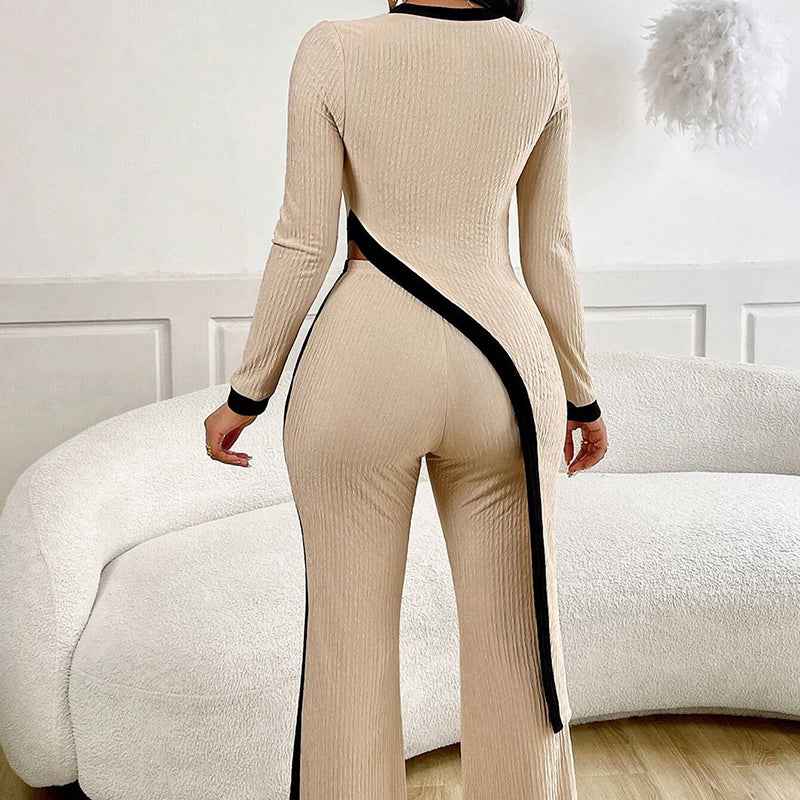 Women’s Sexy 2-Piece Outfit – Asymmetrical Long Sleeve Top & Wide Leg Pants Set - Glowify