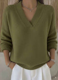 Women’s Soft V-Neck Loose Knit Sweater – Casual Autumn & Winter Pullover in olive green color.
