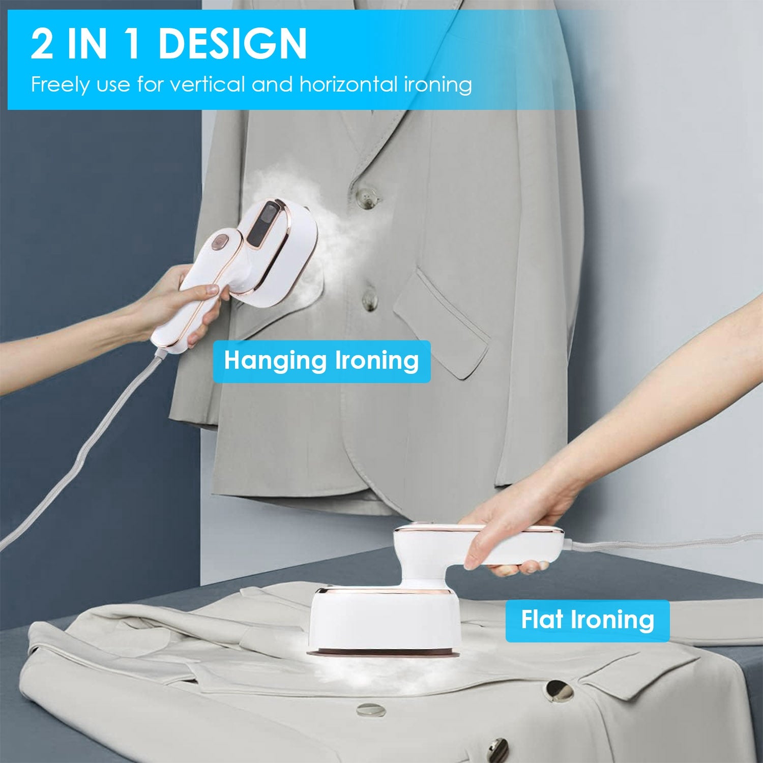 1000W Portable Handheld Garment Steamer – 10s Fast Heat, 180° Rotatable Handle - Glowify