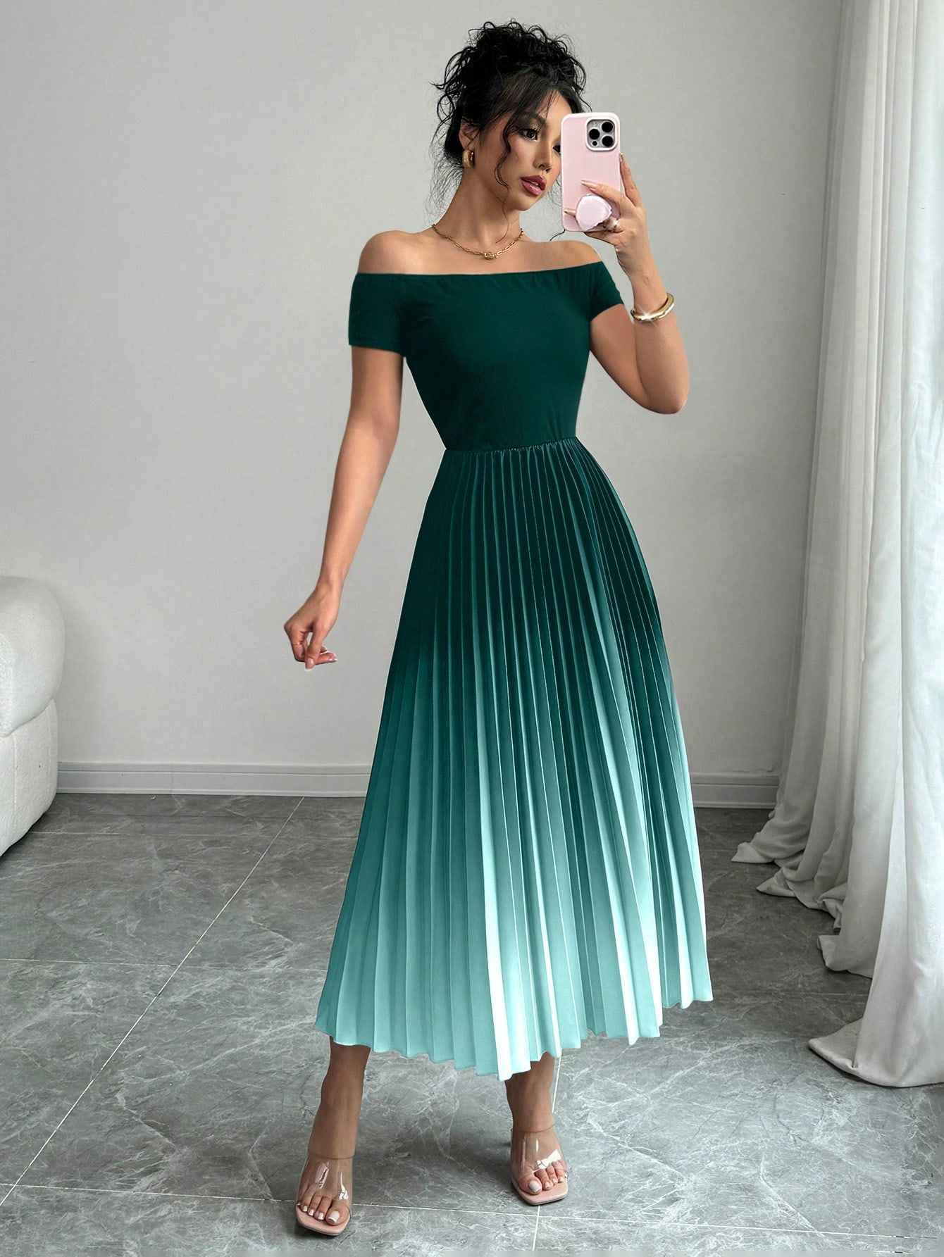 Elegant Off-Shoulder Pleated Gradient Bodycon Dress – Floor-Length Wrap-Style Maxi Dress for Women - Glowify