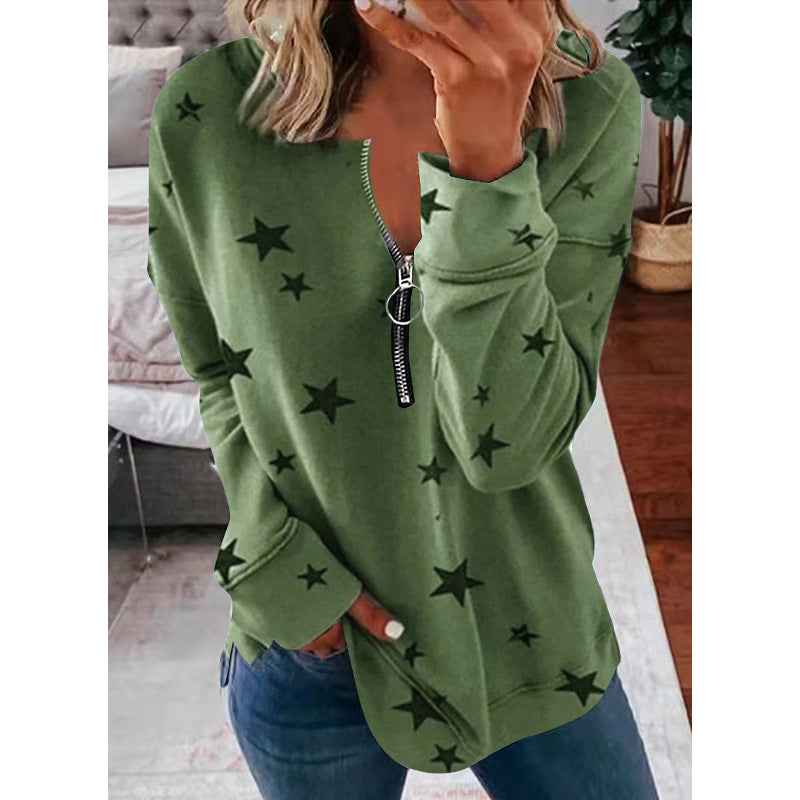 Women’s Star Print Loose Pullover Sweatshirt – Long Sleeve Urban Casual Top - Glowify