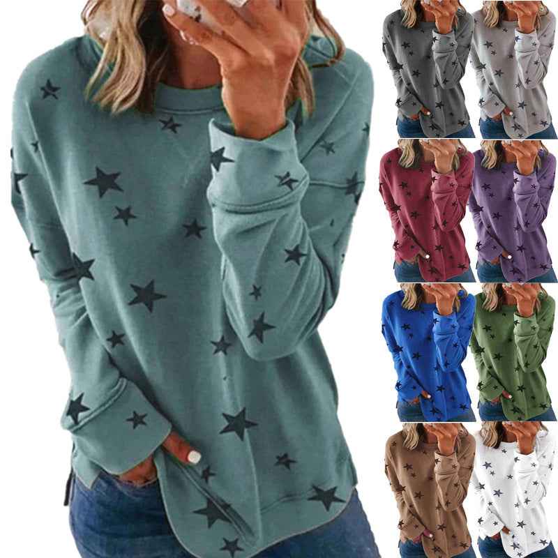 Women’s Star Print Loose Pullover Sweatshirt – Long Sleeve Urban Casual Top - Glowify