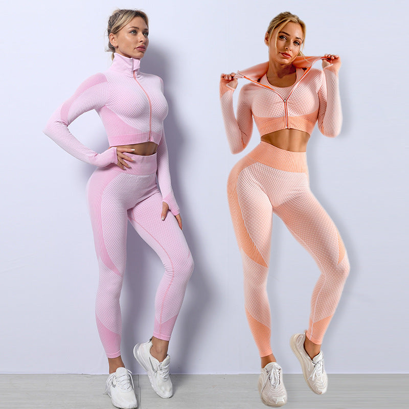 3-Piece Seamless Anti-Cameltoe Gym Set for Women – Full-Coverage Leggings, Sports Bra & Crop Top - Glowify