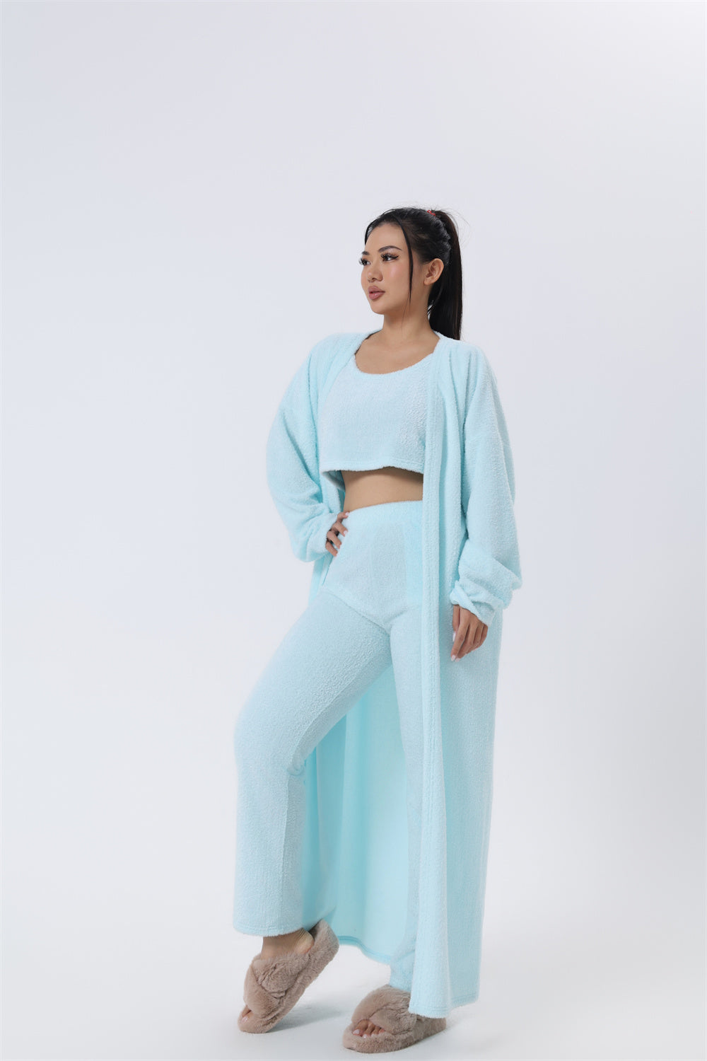 Cozy 3-Piece Pajama & Lounge Set for Women – Soft Knit Crop Top, Wide-Leg Pants & Cardigan (Winter Loungewear)