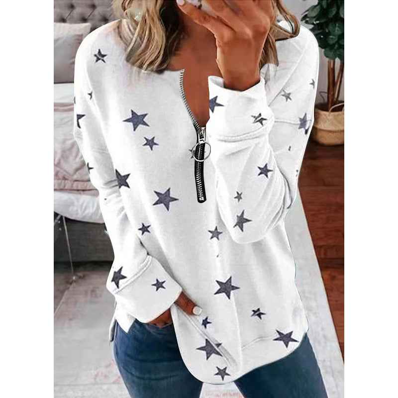 Women’s Star Print Loose Pullover Sweatshirt – Long Sleeve Urban Casual Top - Glowify