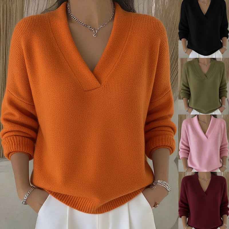 Women’s Soft V-Neck Loose Knit Sweater – Casual Autumn & Winter Pullover in various colors, showcasing comfort and style.