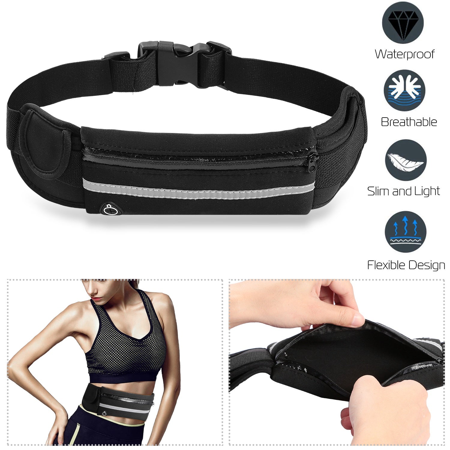 Waterproof Running Belt Waist Bag – Lightweight Adjustable Sports Waist Pouch with Reflective Strip (Phone ≤6.0”)