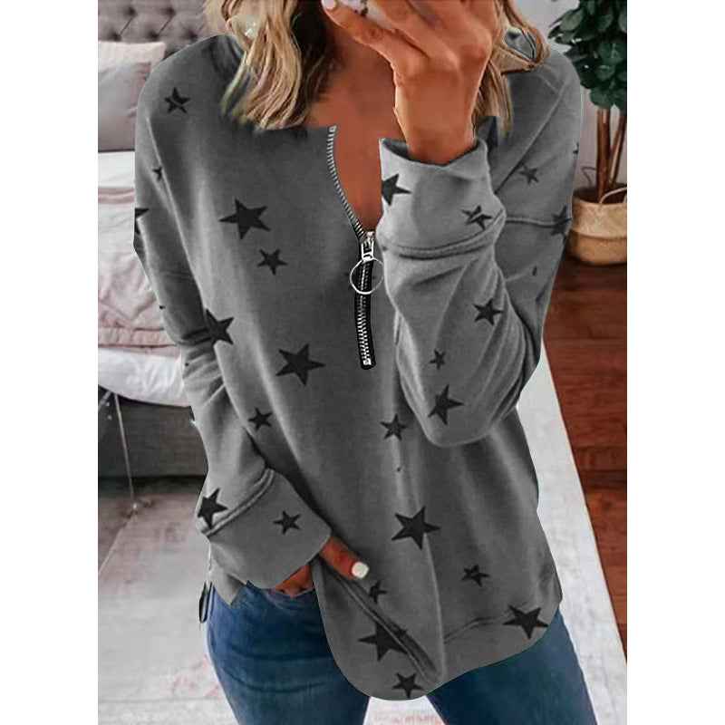 Women’s Star Print Loose Pullover Sweatshirt – Long Sleeve Urban Casual Top - Glowify