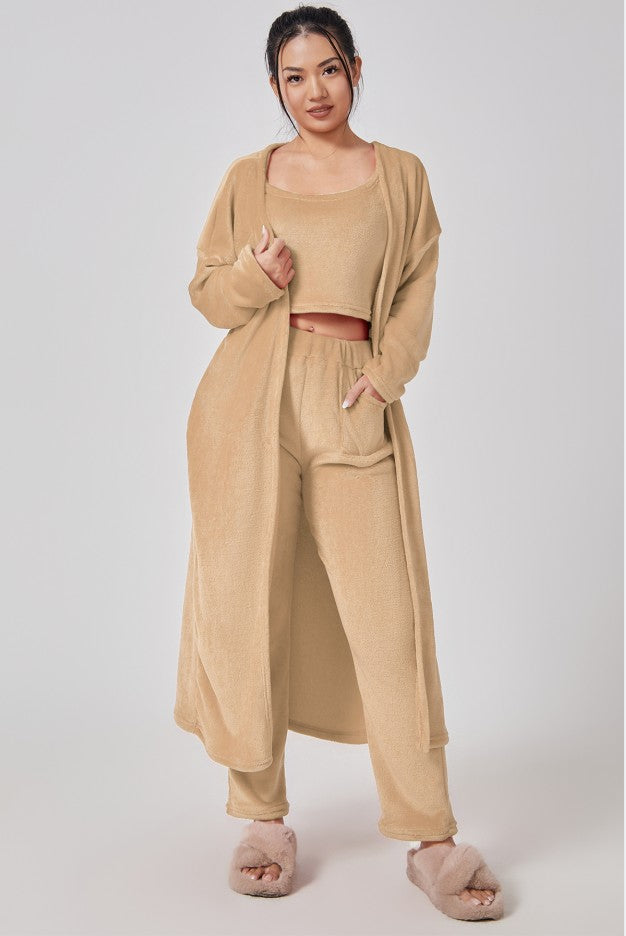 Cozy 3-Piece Pajama & Lounge Set for Women – Soft Knit Crop Top, Wide-Leg Pants & Cardigan (Winter Loungewear)