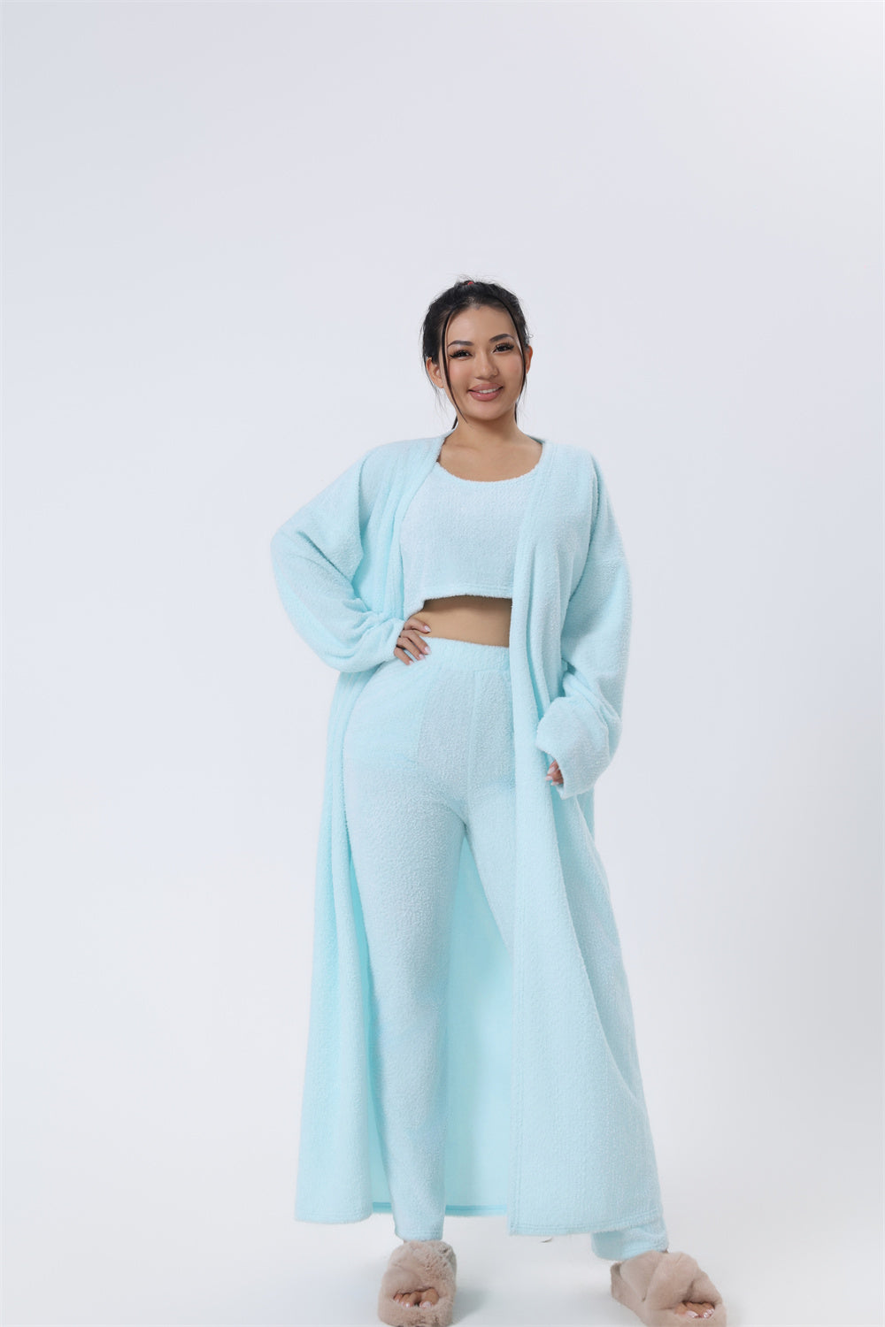 Cozy 3-Piece Pajama & Lounge Set for Women – Soft Knit Crop Top, Wide-Leg Pants & Cardigan (Winter Loungewear)