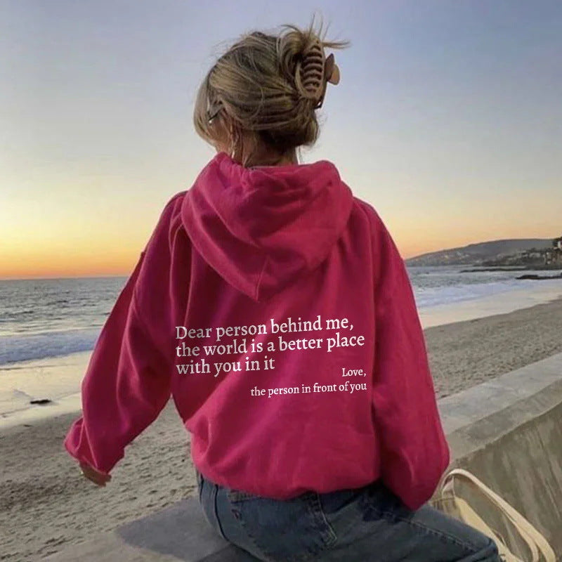 “Dear Person Behind Me” Inspirational Hoodie – Plush Letter Print Kangaroo Pocket Pullover (Unisex, S–5XL) - Glowify