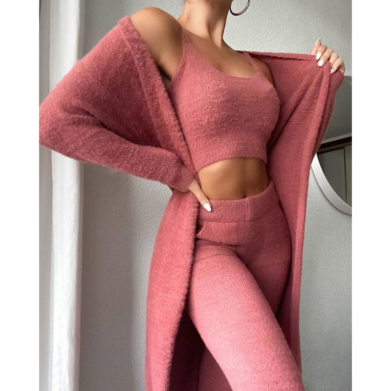 Cozy 3-Piece Pajama & Lounge Set for Women – Soft Knit Crop Top, Wide-Leg Pants & Cardigan (Winter Loungewear)