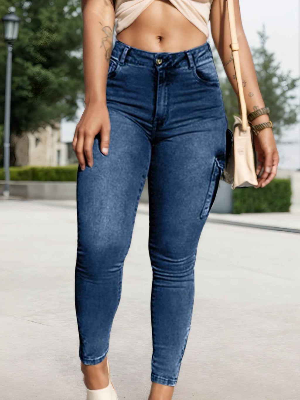 Women’s Multi-Pocket High-Stretch Cargo Skinny Pants – Mid-Rise Pencil Jeans with Zipper Hem (Urban Style) - Glowify