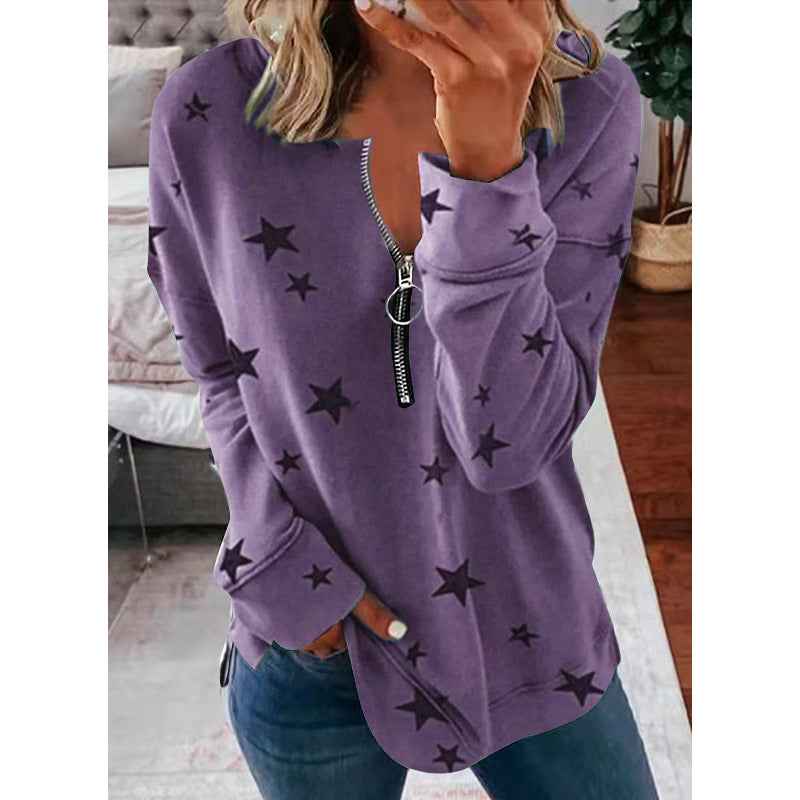 Women’s Star Print Loose Pullover Sweatshirt – Long Sleeve Urban Casual Top - Glowify