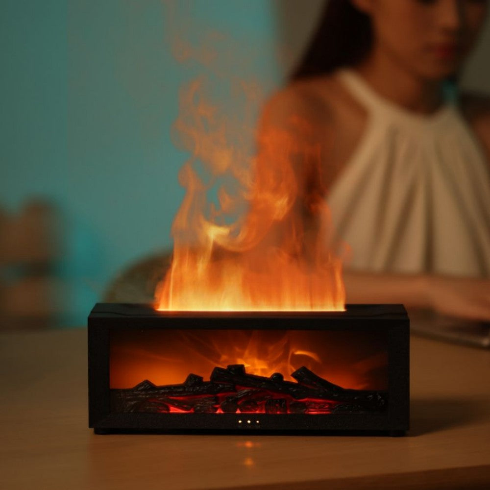 Fireplace flame aroma diffuser with LED light and humidifier
