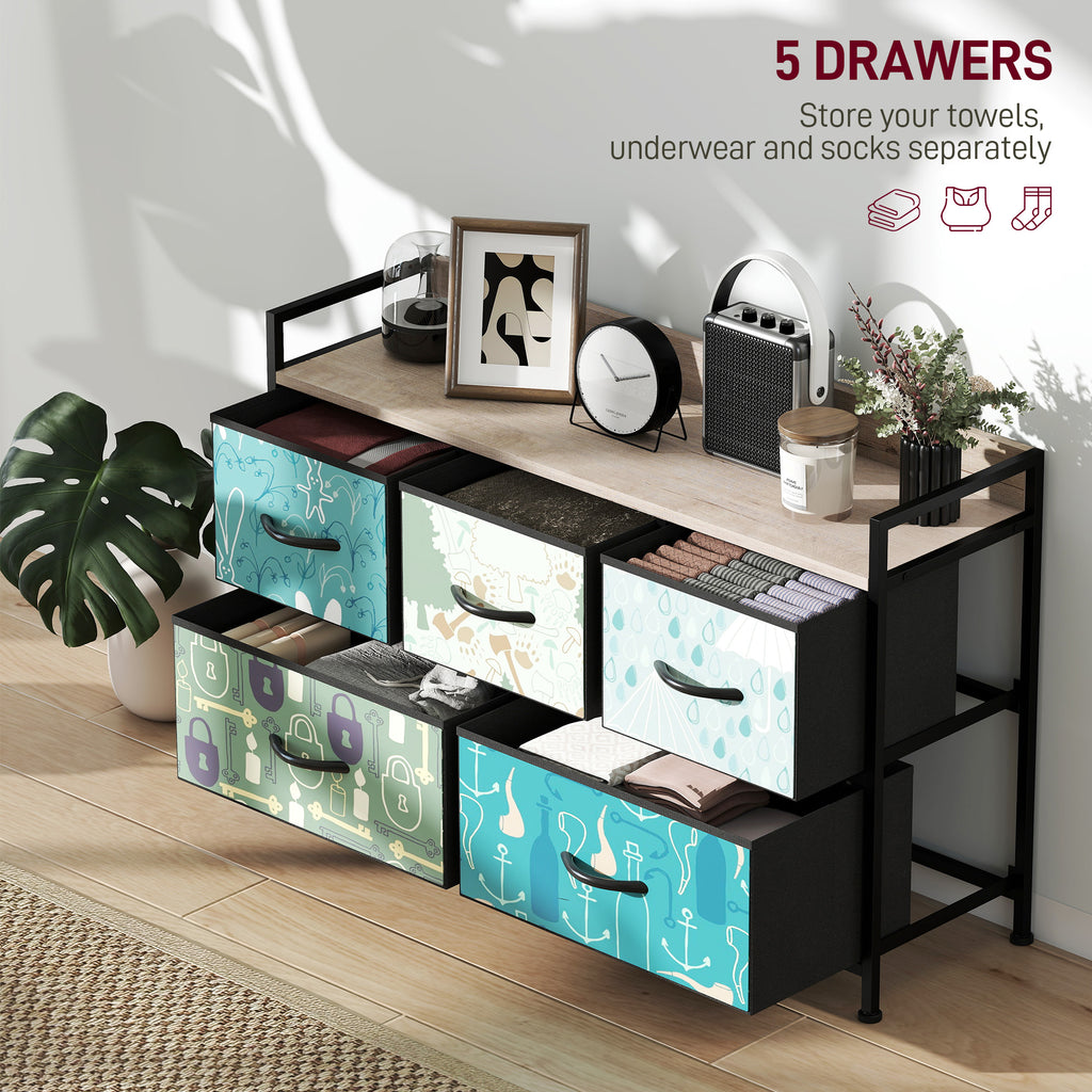 5-Drawer Chest of Drawers – Blue Fabric Storage Unit with Wood-Effect Top - Glowify