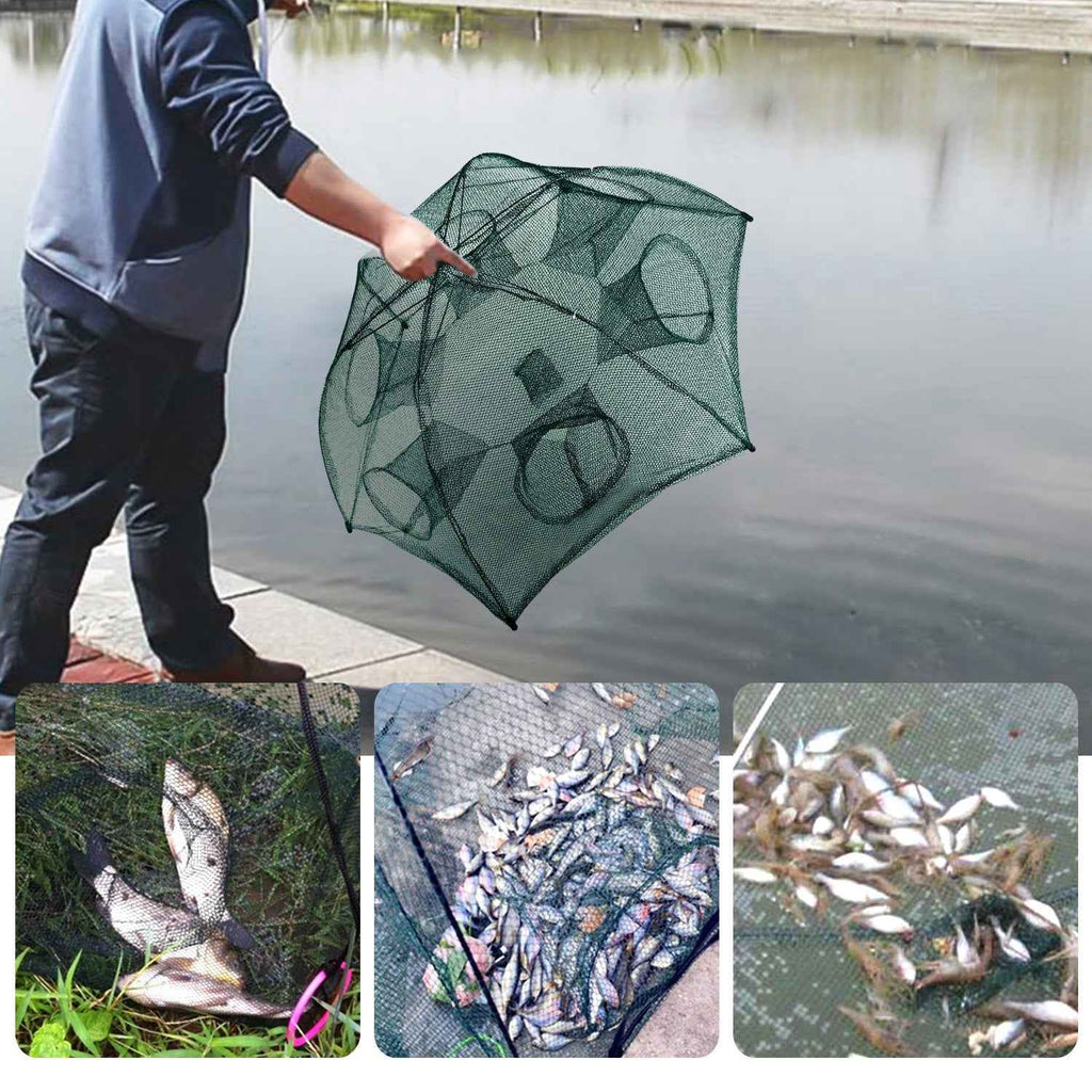 Portable Foldable Fishing Bait Trap Net – 6-Side 6-Hole Automatic Shrimp, Minnow & Crab Trap - Glowify