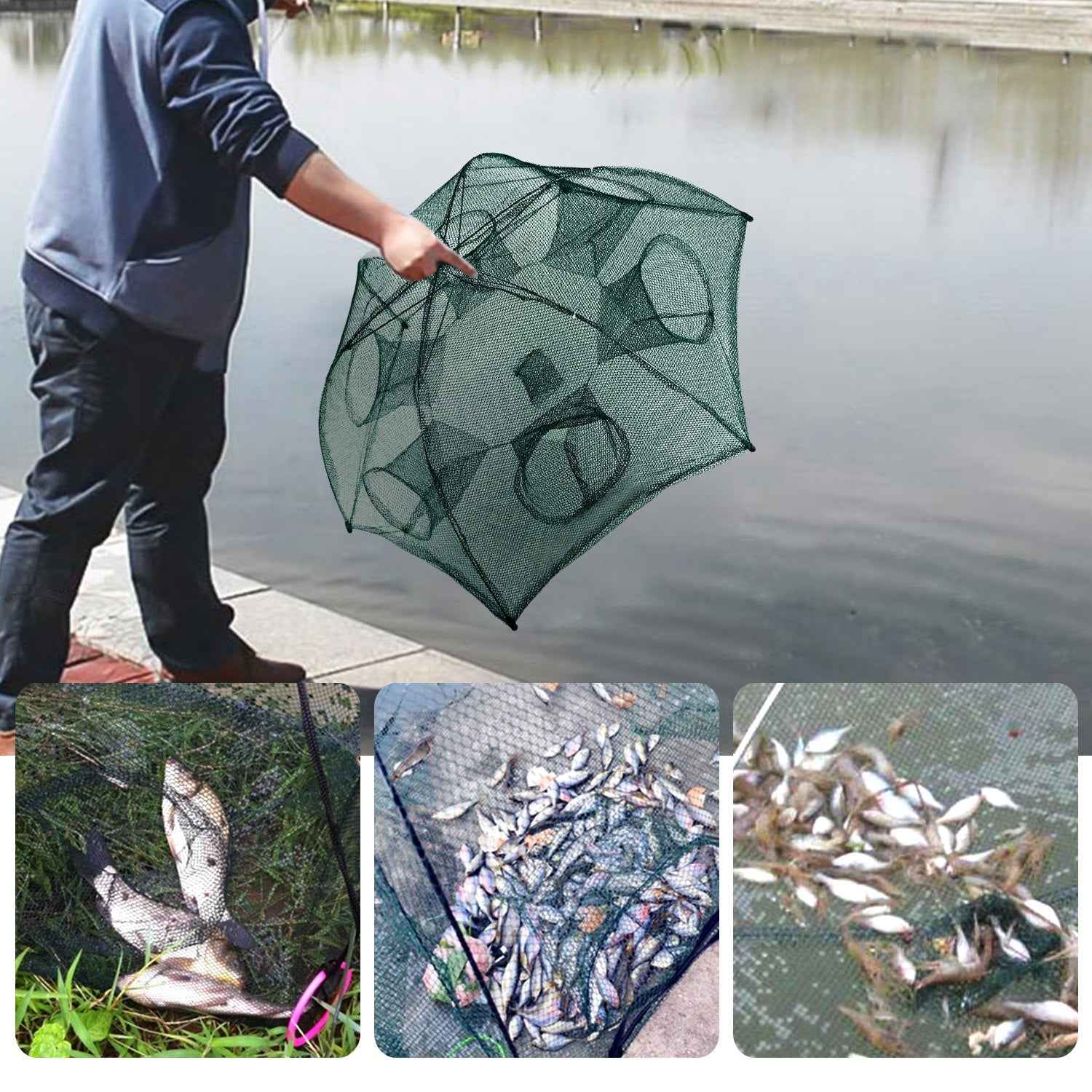 Portable Foldable Fishing Bait Trap Net – 6-Side 6-Hole Automatic Shrimp, Minnow & Crab Trap - Glowify