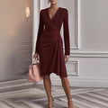 Women’s V-Neck Pleated Midi Dress – Slim-Fit Long Sleeve A-Line Office & Party Dress - Glowify