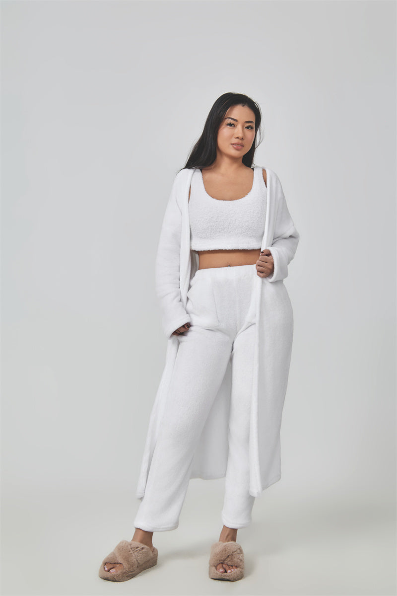 Cozy 3-Piece Pajama & Lounge Set for Women – Soft Knit Crop Top, Wide-Leg Pants & Cardigan (Winter Loungewear)